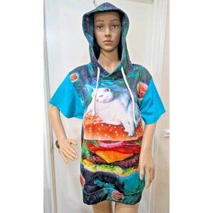 Upcycled Cat Cheeseburger Galaxy All Over Print Pullover Hoodie Unisex Size L